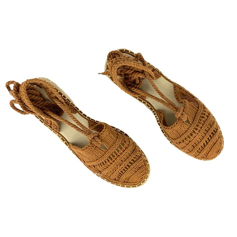 Women's Woven Camel Flatform Wrap Tie Espadrilles