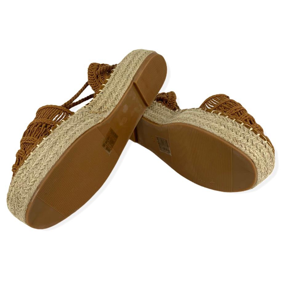 Women's Woven Camel Flatform Wrap Tie Espadrilles