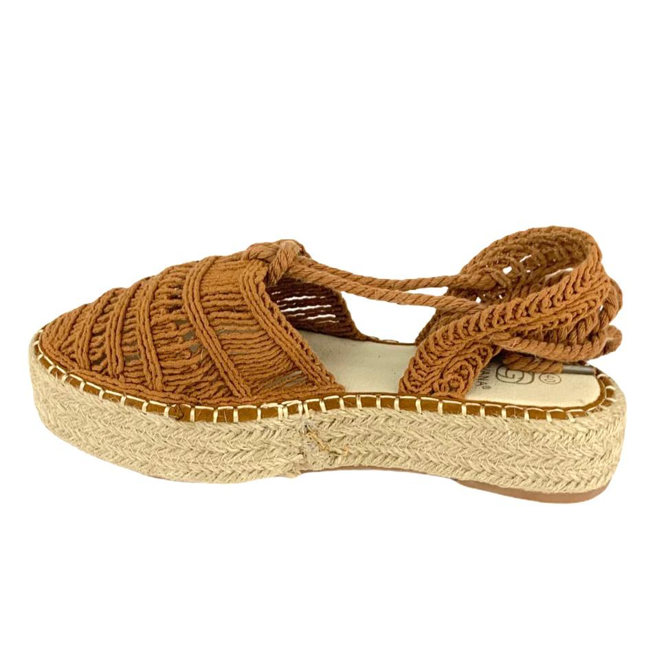 Women's Woven Camel Flatform Wrap Tie Espadrilles
