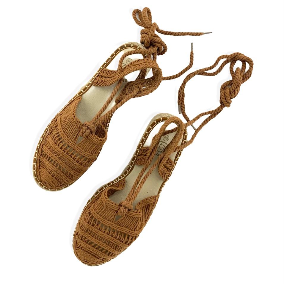 Women's Woven Camel Flatform Wrap Tie Espadrilles