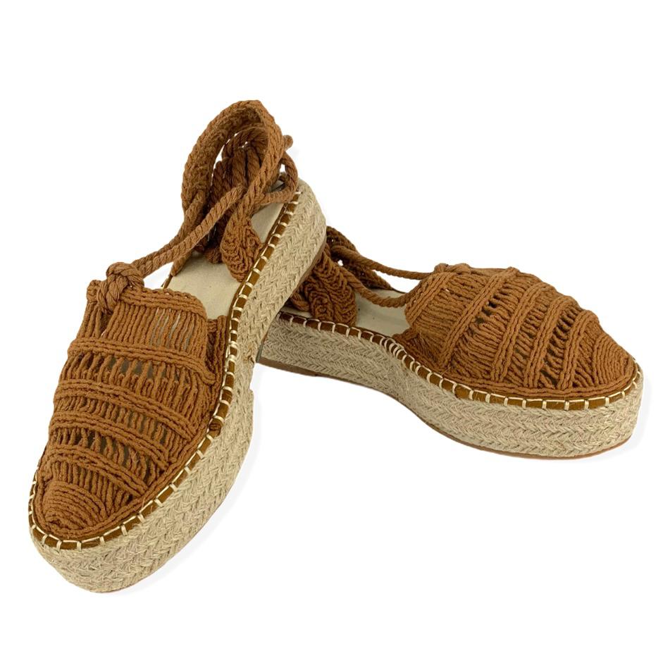 Women's Woven Camel Flatform Wrap Tie Espadrilles