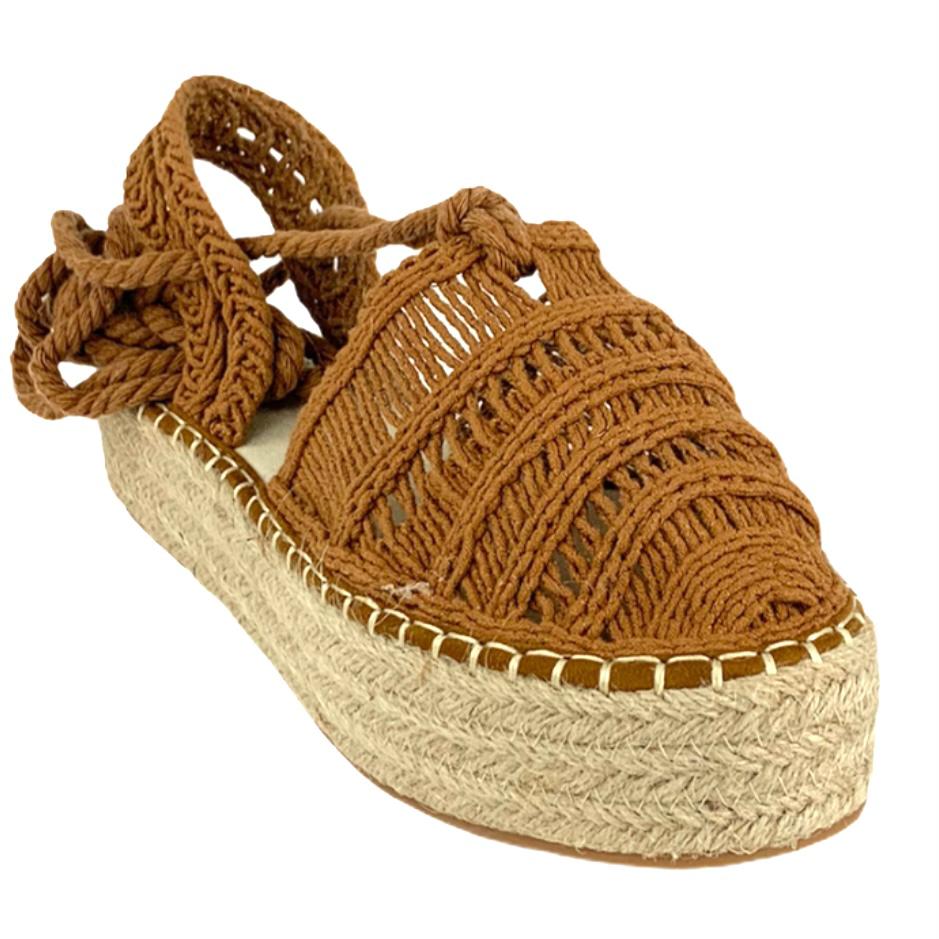 Women's Woven Camel Flatform Wrap Tie Espadrilles