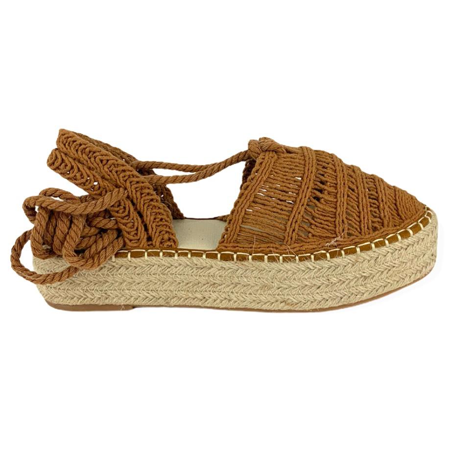 Women's Woven Camel Flatform Wrap Tie Espadrilles
