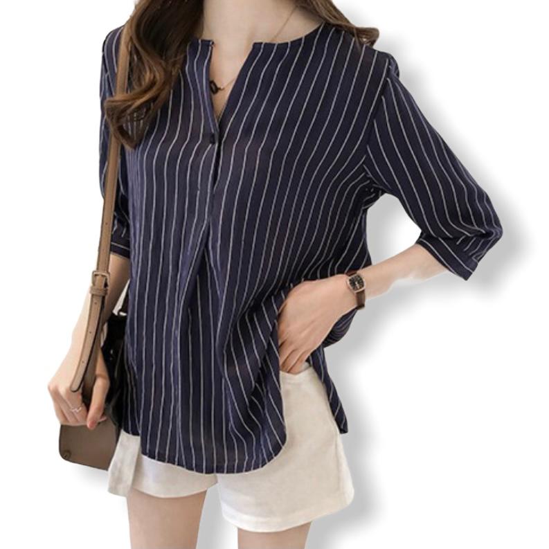 SEVEGO Women's Blouse Navy/White Striped ¾ Sleeve Plus Size Top