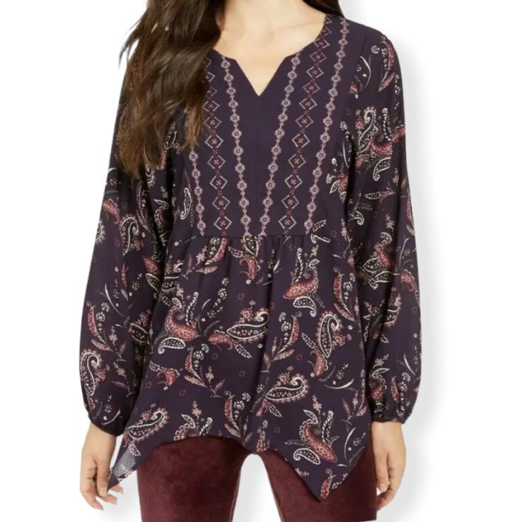 Women's Paisley Print Long Sleeve Split Neckline Blouse