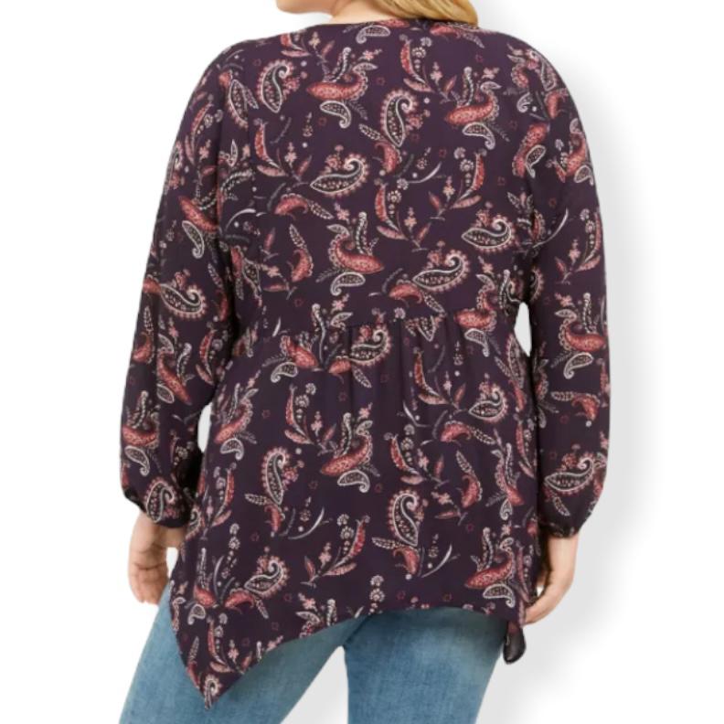 Women's Paisley Print Long Sleeve Split Neckline Blouse