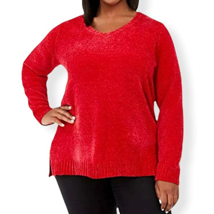 Haute Red Chenille V-Neck Plus Size 2X Long Sleeve Women's Sweaters