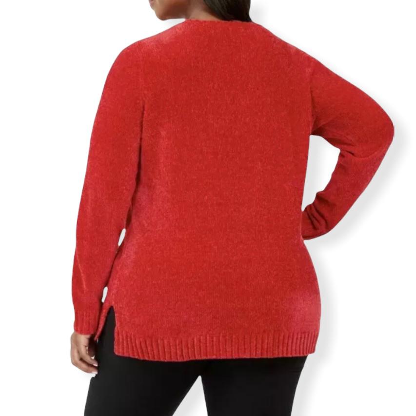 Haute Red Chenille V-Neck Plus Size 2X Long Sleeve Women's Sweaters