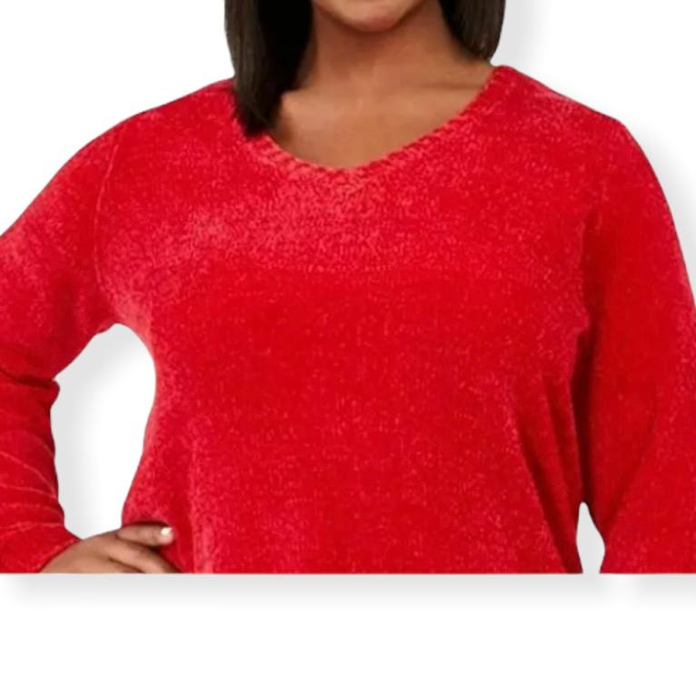 Haute Red Chenille V-Neck Plus Size 2X Long Sleeve Women's Sweaters