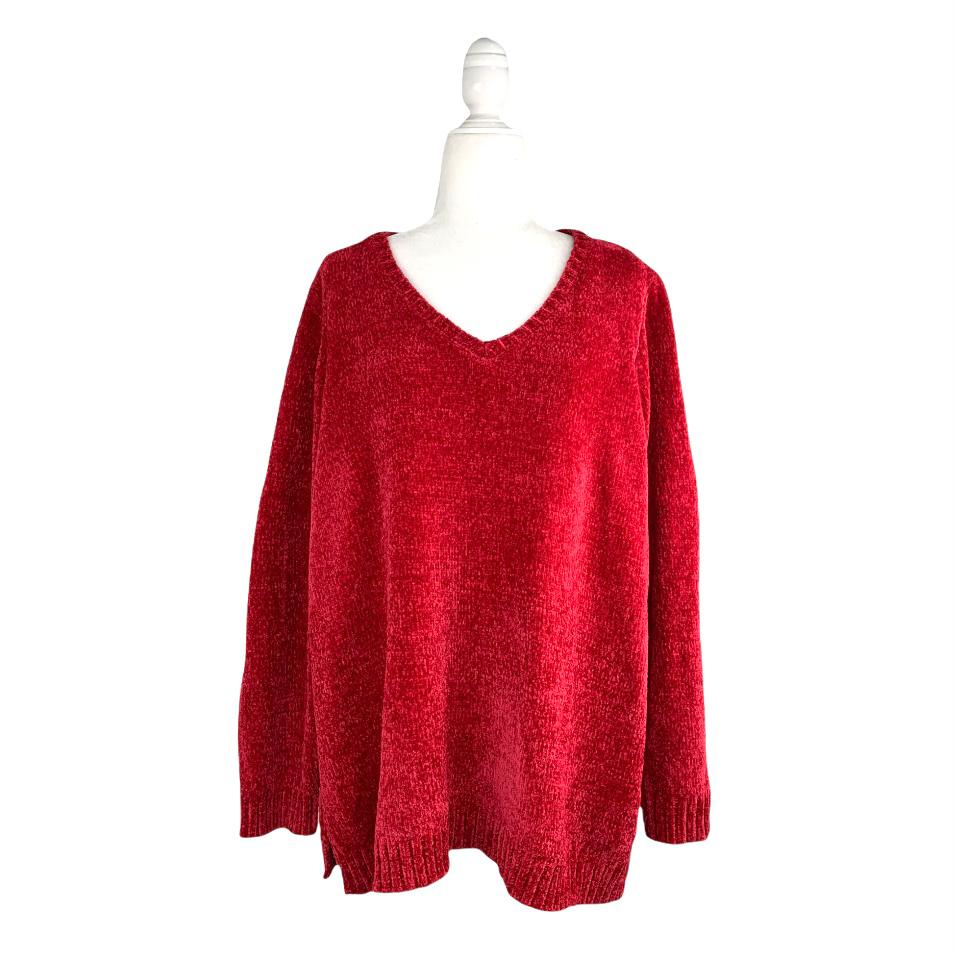 Haute Red Chenille V-Neck Plus Size 2X Long Sleeve Women's Sweaters