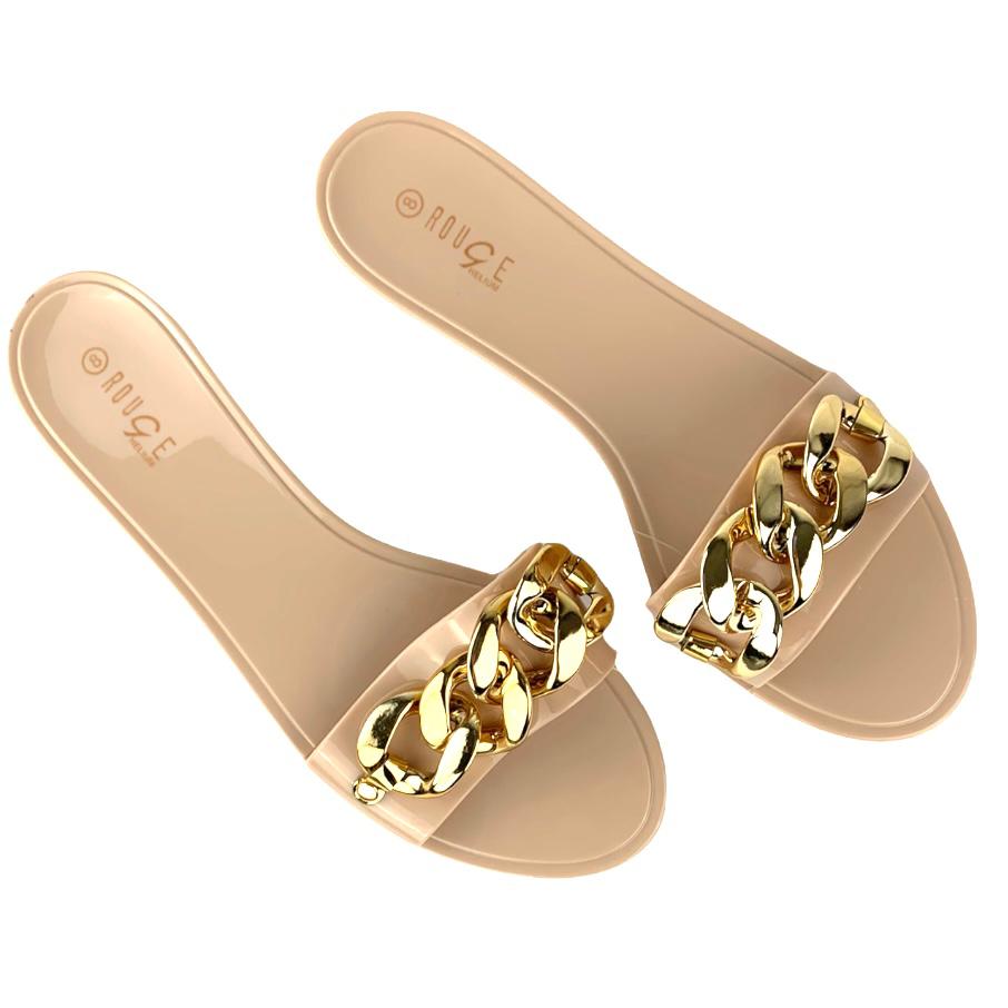 Nude Chain Slide Flats Flip-Flop Size 8 Round Toe Women's Sandals
