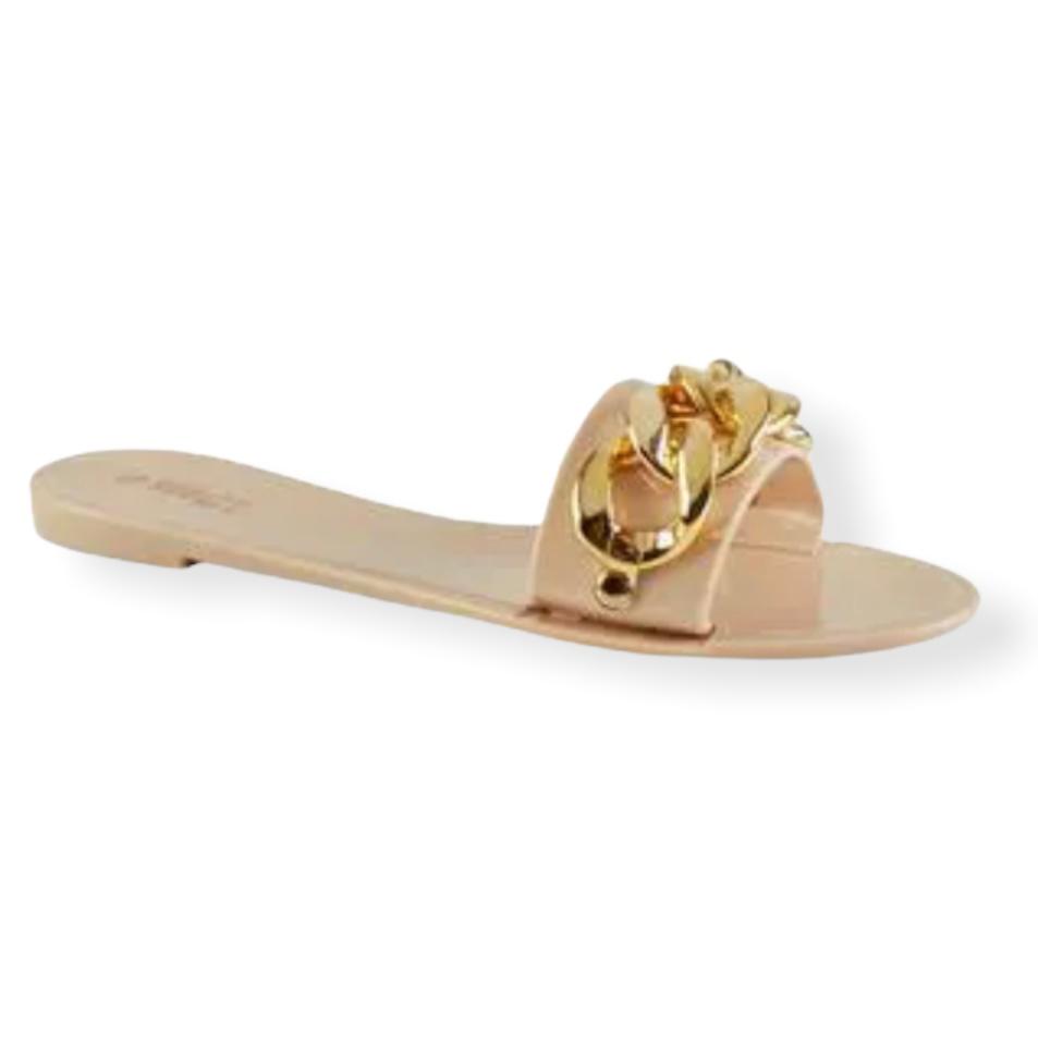 Nude Chain Slide Flats Flip-Flop Size 8 Round Toe Women's Sandals
