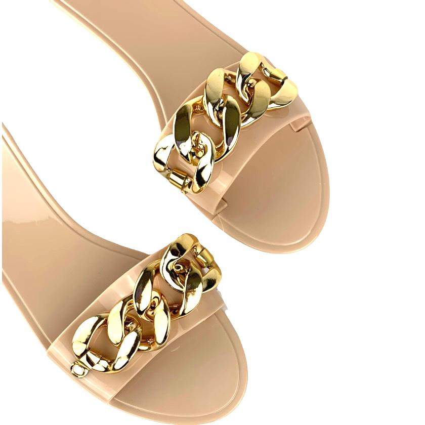Nude Chain Slide Flats Flip-Flop Size 8 Round Toe Women's Sandals