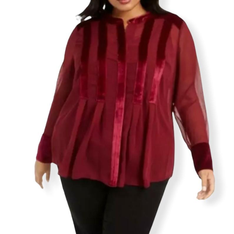 Plus Size 0X Velvet-Trim Malbec Red Shimmer Women's Blouses