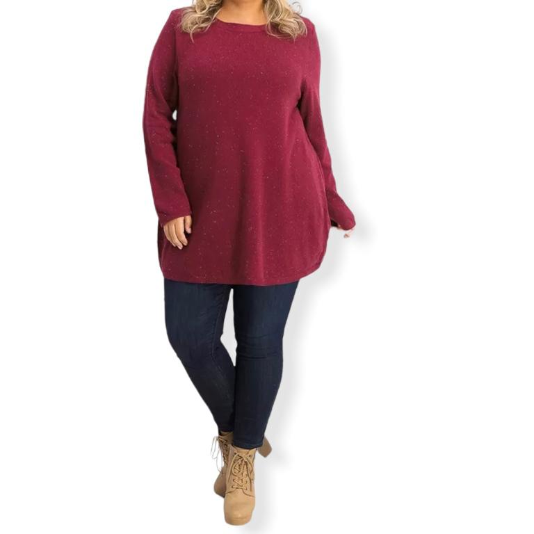 Curved Hem Tunic Merlot Red Top Plus Size 1X Women's Sweaters