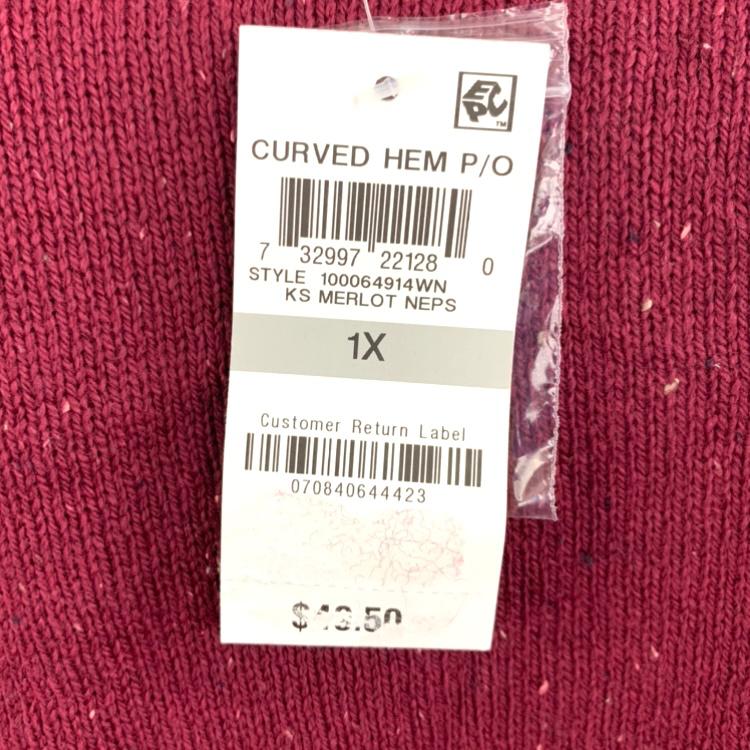 Curved Hem Tunic Merlot Red Top Plus Size 1X Women's Sweaters