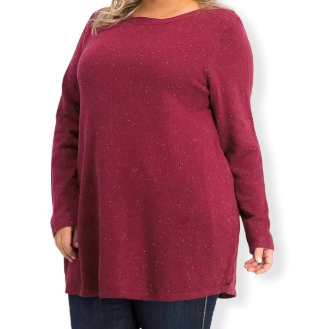 Curved Hem Tunic Merlot Red Top Plus Size 1X Women's Sweaters