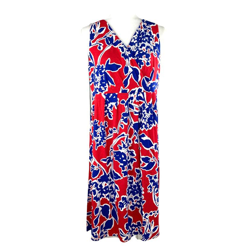 Sleeveless Red/Blue Floral Print V-Neck Wrap Women's Dress