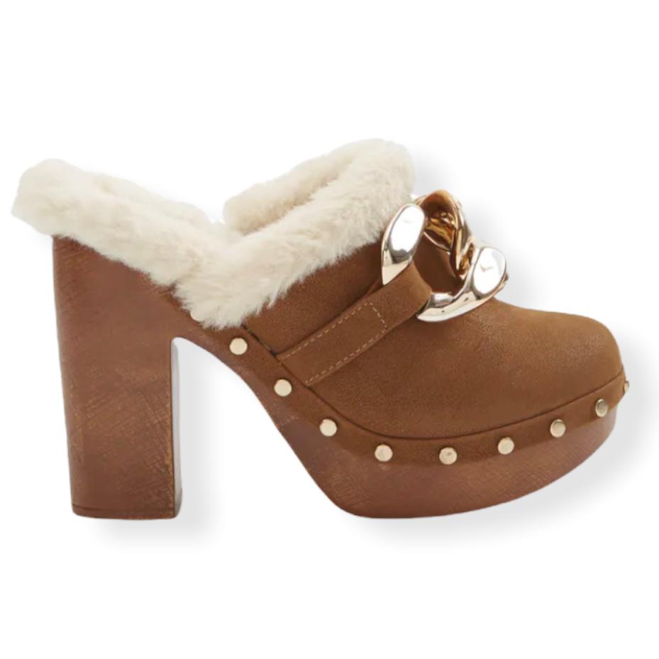 Faux Fur Lined Clogs Block Heel Platform Women's Shoes