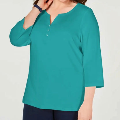 Peacock Teal V-Neck Henley Plus Size 0X ¾ Sleeve Women's Top