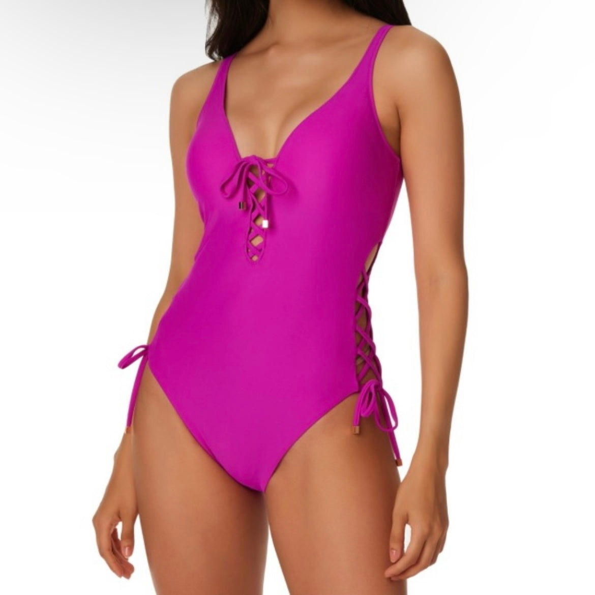 Orchid Pink Summer Solids Lace-Up One-Piece Swimsuit Women's Swimwear