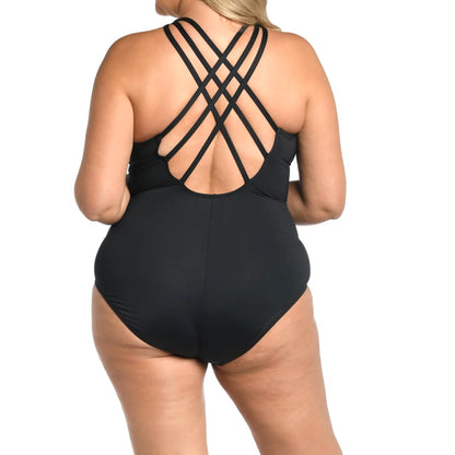 Island Goddess Black Tummy-Control Strappy One Piece Women's Swimwear