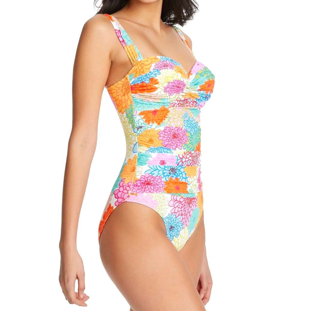 Fresh Picks Printed Multicolor Sweetheart neck Shirred Size 8  Women's Swimwear