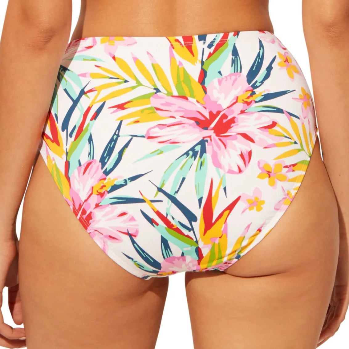 Shirred Side High-Waist Floral Multi Bikini Bottoms Size L Women's Swimwear