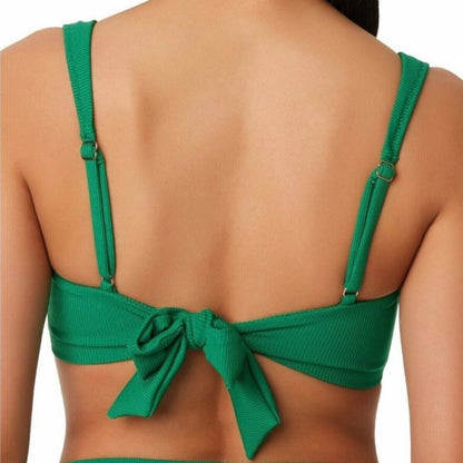 Micro Rib Square Neck Shoulder Straps Green Bikini Top Women's Swimwear