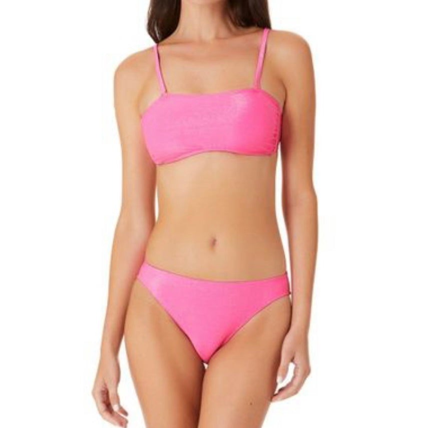 Metallic Shine Pink Bandeau Top Hipster Bottom M Bikini Set Women's Swimwear