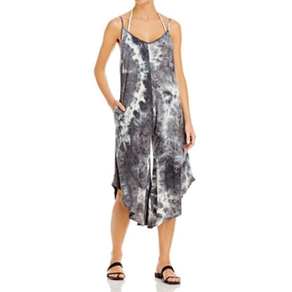 Tie-Dyed Print Flowy Cropped Jumpsuit Charcoal Gray Size L Women's Cover Up