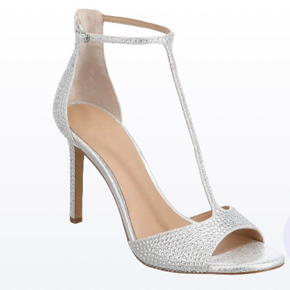 FIRAHF T-Strap Silver Bling Stiletto Heels Size 9 Women's Sandals