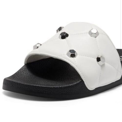 PEYMIN Quilted Flats Pool Slide White/Black Size 7 Women's Sandals