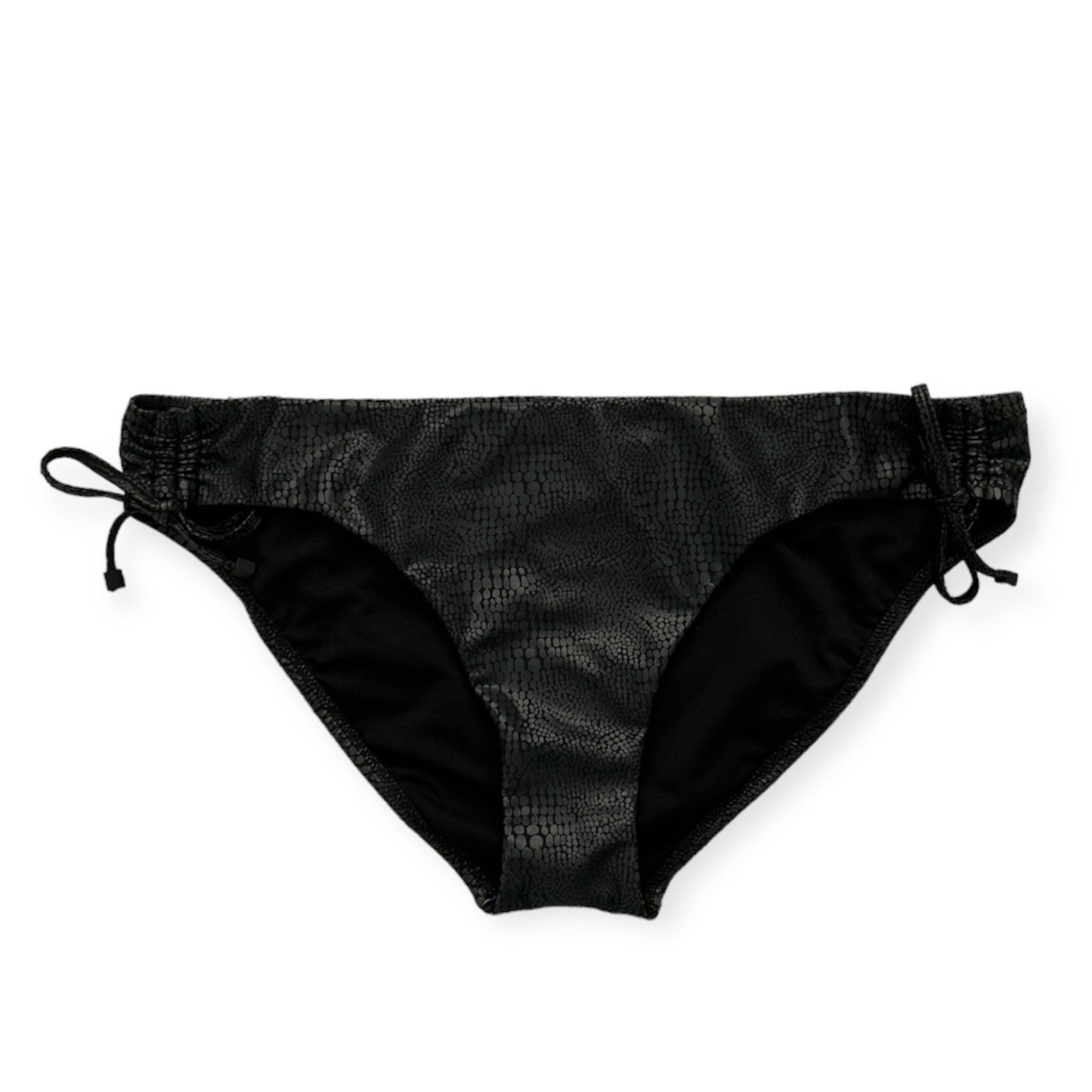 Faux Snakeskin Black Ruched-Side Tie Bikini Bottoms Size L Women's Swimwear