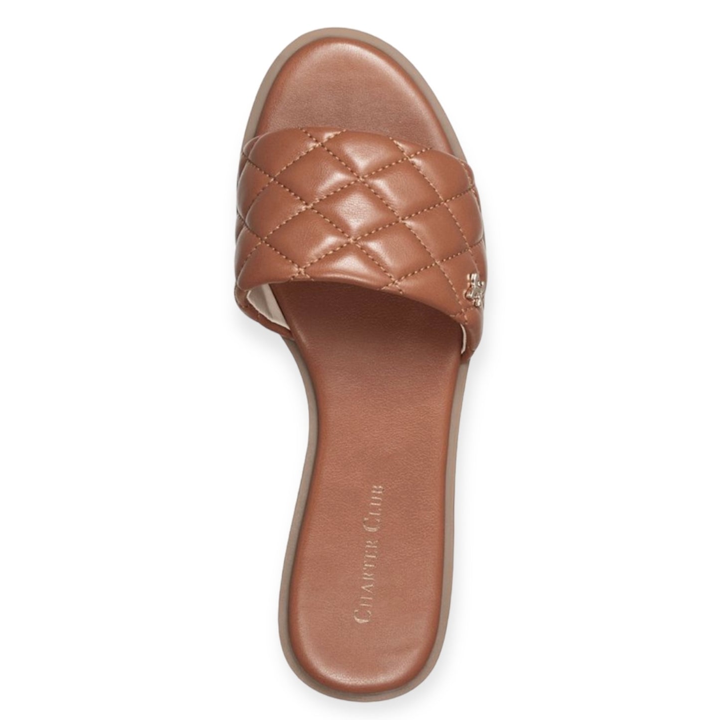 SAFFIEE Cognac Flats Slip On Quilted Round Toe Women's Sandals