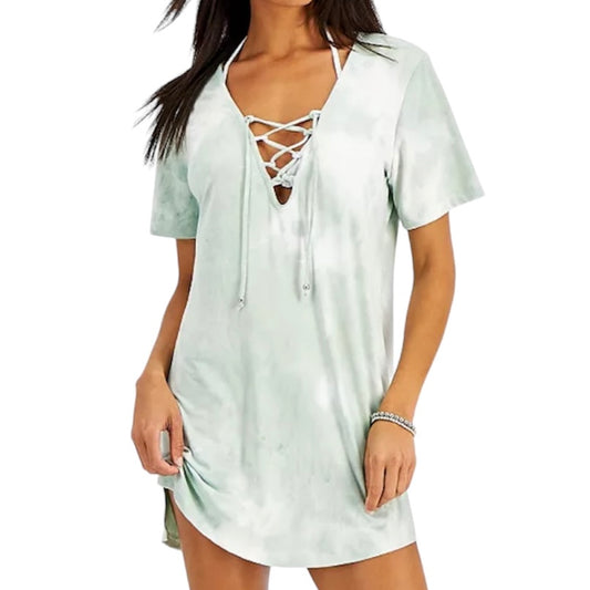 Tie-Dyed Print Lace-Up Tunic Cover-Up Dress