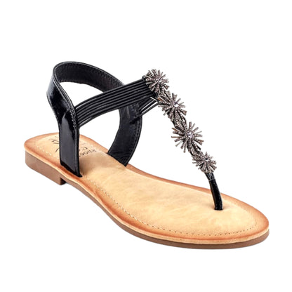 Carlie T-Strap Size 7 Black Slip On Open Toe Flat Women's Sandals