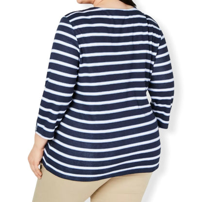 Blue/White Stripes ¾ Sleeve Plus Size Women's Sweaters