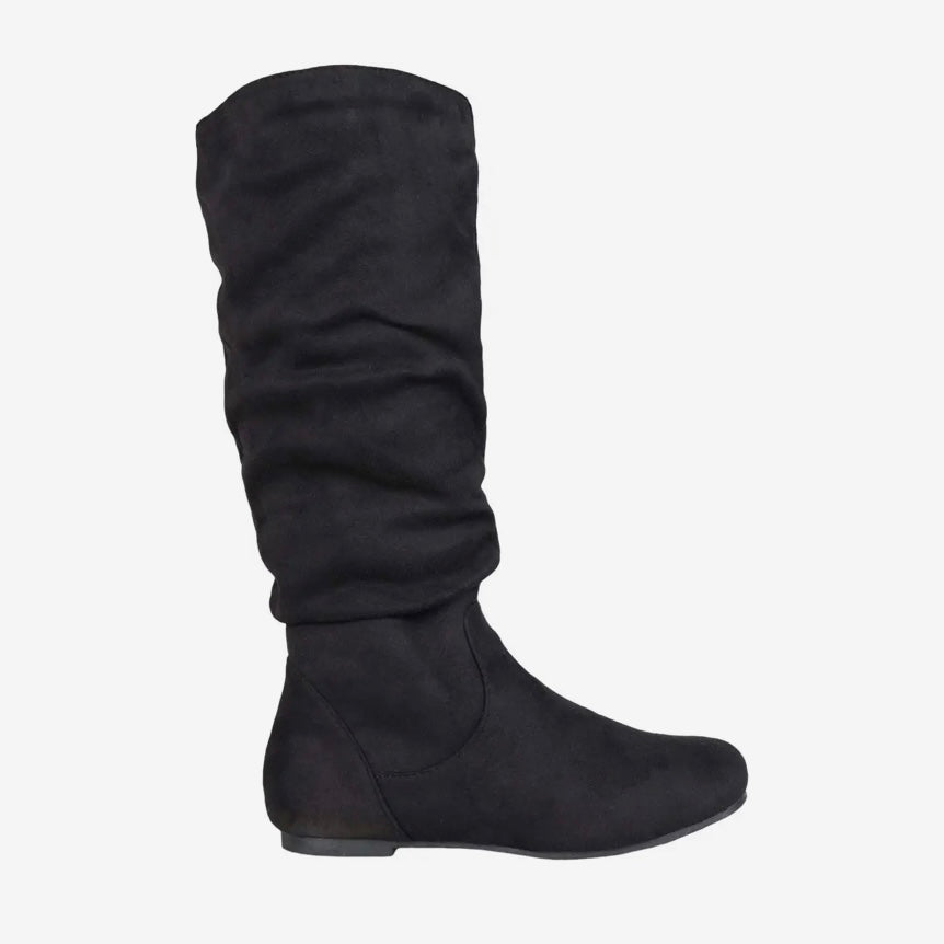REBECCA-02 Black Fabric Pull On Round Toe Flats Knee High Women's Boots