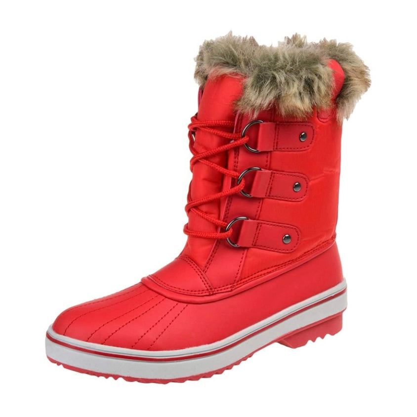North Red Nylon Faux Fur Lace Up WaterProof Duck Women's Snow Boots