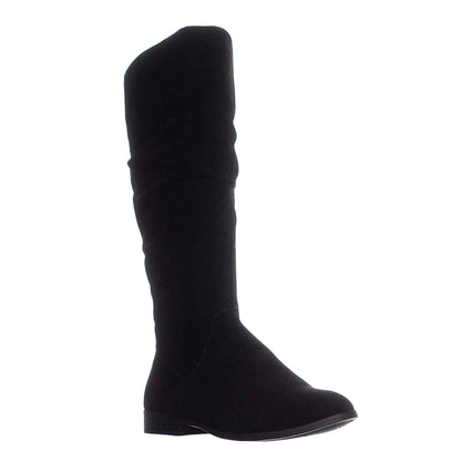KELIMAEP Black Ruched Round Toe Zip Up Women's Riding Boots