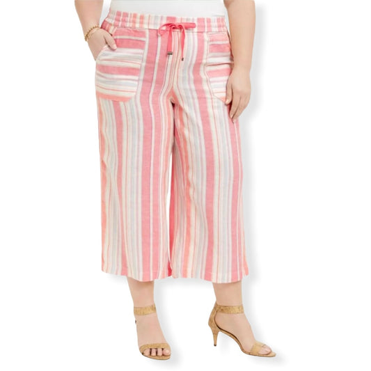 Women's Plus Size Multi-Stripe Linen Pants Wide Leg Cropped