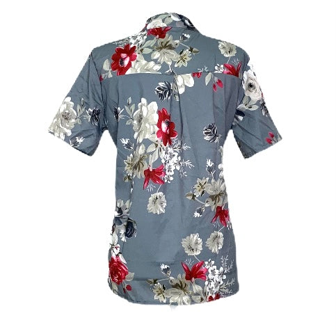 Floral Top Gray Casual Stand Collar Short Sleeve Size L Women's Blouse