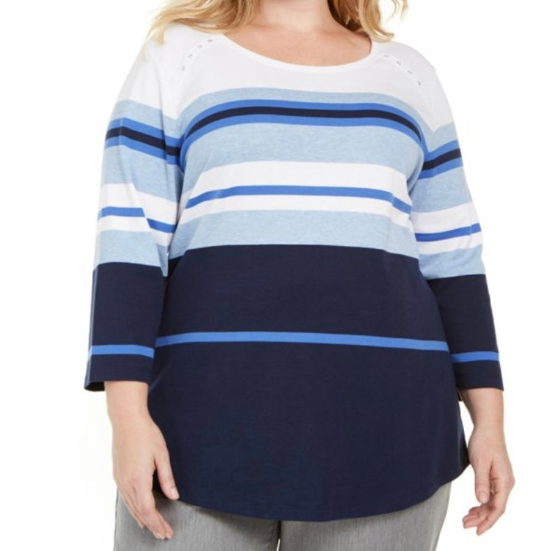 Blue/White Striped ¾ Sleeve Plus Size 2X Women's Casual Top