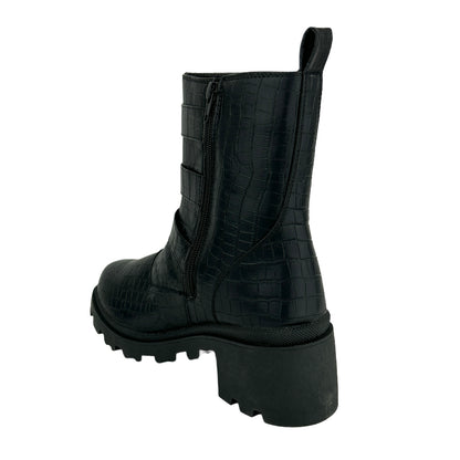 FILO Black Croc Block Heels Round Toe Size 9.5M Women's Combat Boots