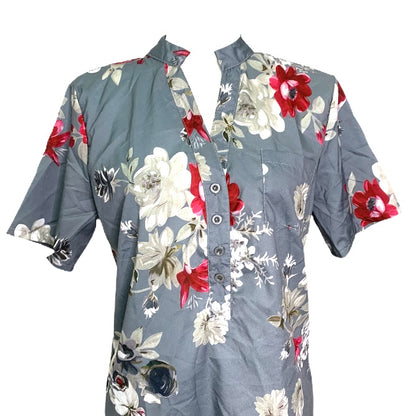 Floral Top Gray Casual Stand Collar Short Sleeve Size L Women's Blouse