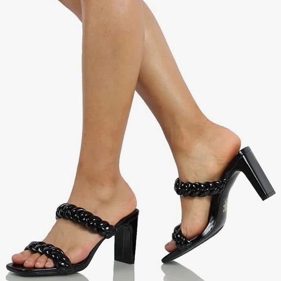High Heel Square Toe Black Shoes Size 10 Women's Sandals