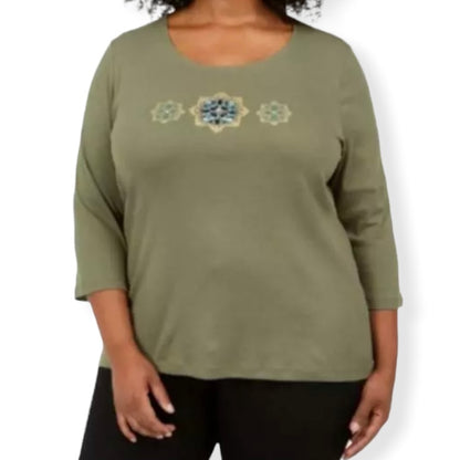 Olive Green ¾ Sleeve Plus Size 2X Scoop Neck Women's Sweaters
