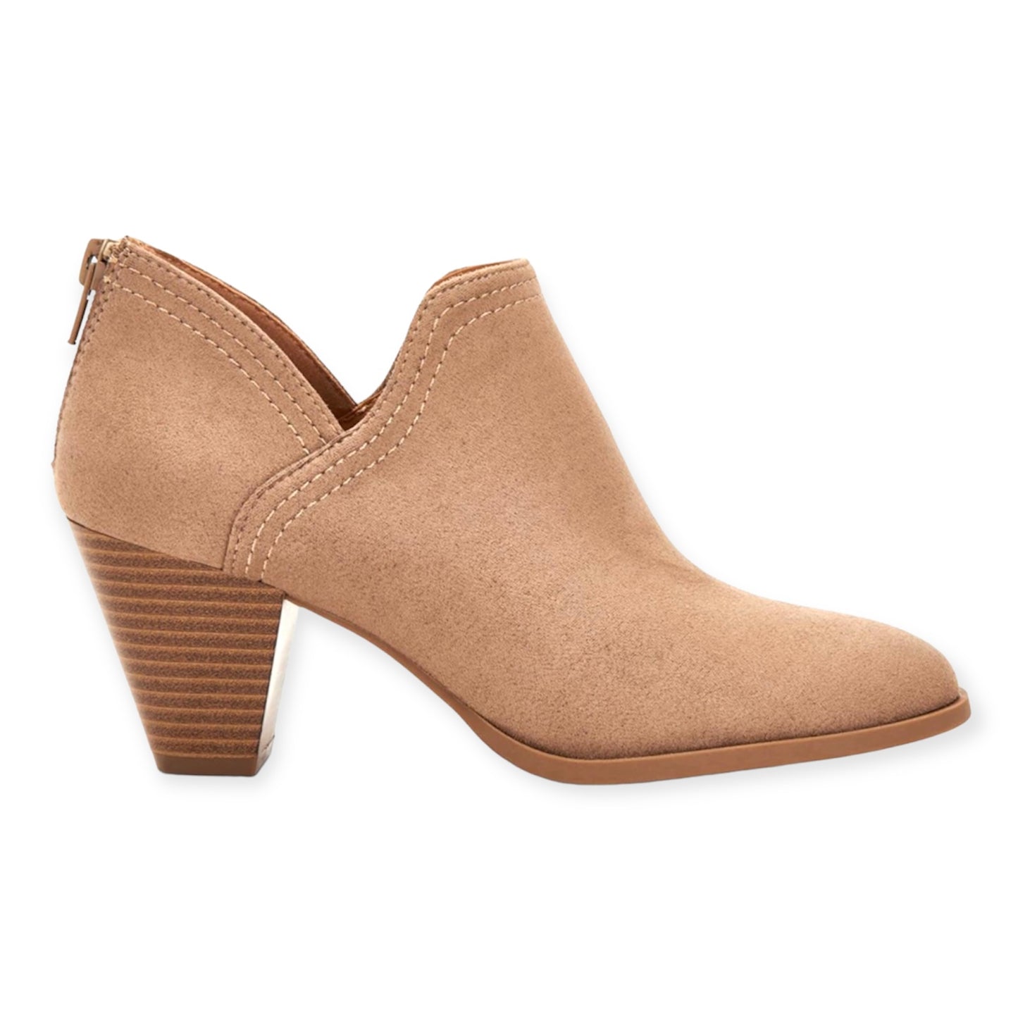 AMANDDEF Taupe Comfort Zip Up Almond Toe Bootie Women's Ankle Boots