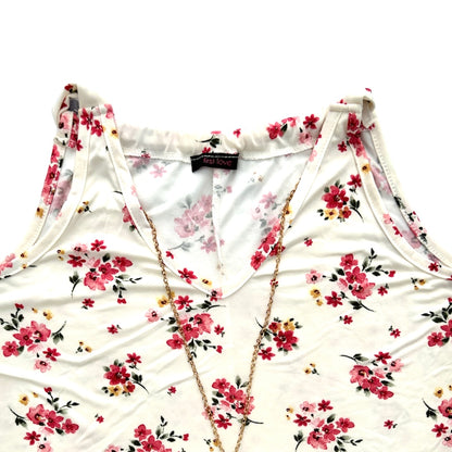 Ivory/Floral Print Necklace Sleeveless Loose Tops Women's Blouse